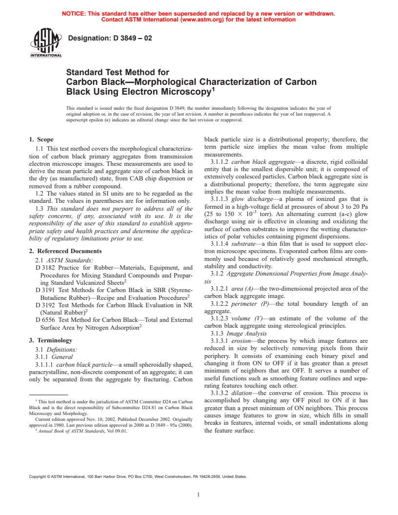 ASTM D3849-02 - Standard Test Method for Carbon Black-Morphological Characterization of Carbon Black Using Electron Microscopy