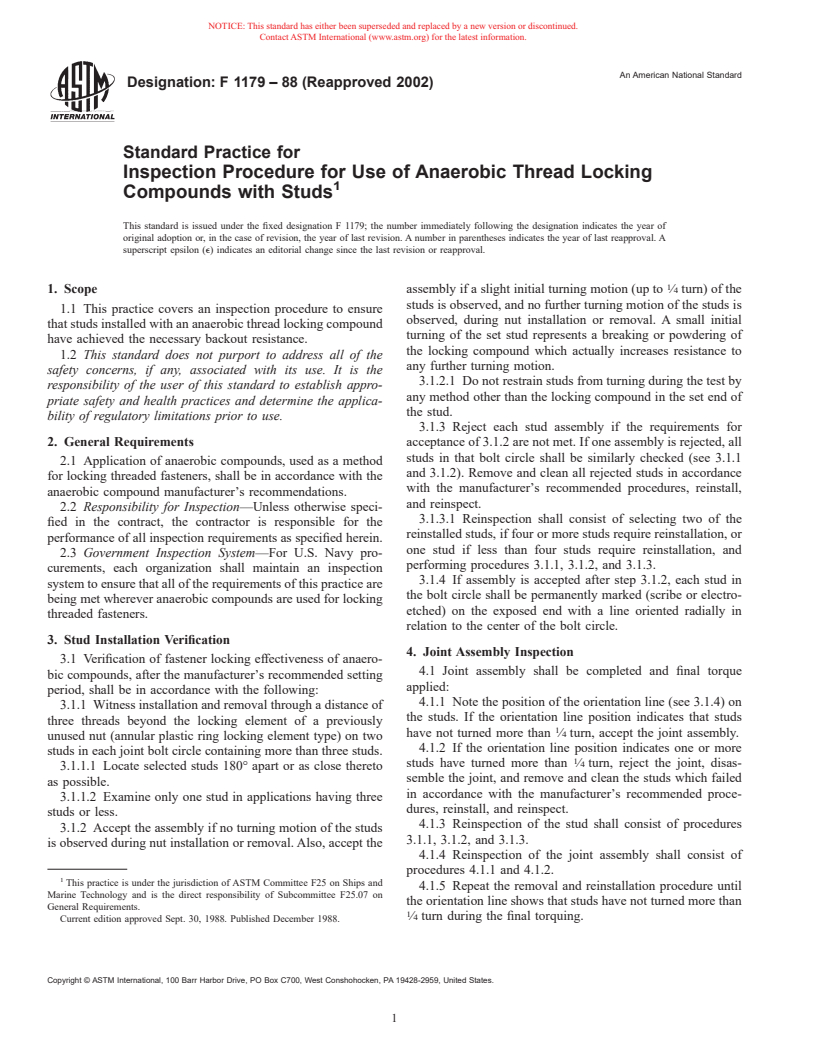 ASTM F1179-88(2002) - Standard Practice for Inspection Procedure for Use of Anaerobic Thread Locking Compounds with Studs