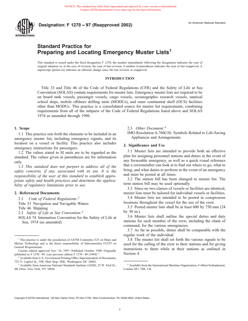 ASTM F1270-97(2002) - Standard Practice for Preparing and Locating Emergency Muster Lists