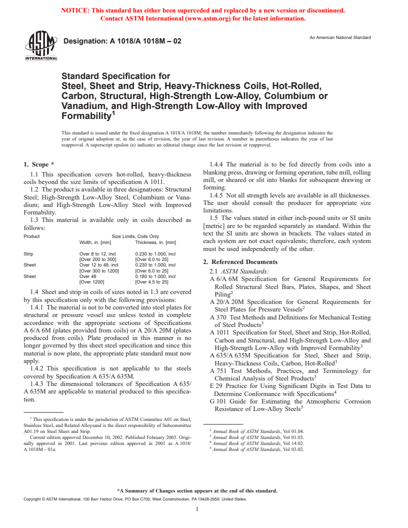 ASTM A1018/A1018M-02 - Standard Specification for Steel, Sheet and Strip, Heavy Thickness Coils, Hot Rolled, Carbon, Structural, High-Strength Low-Alloy, Columbium or Vanadium, and High-Strength Low-Alloy with Improved Formability