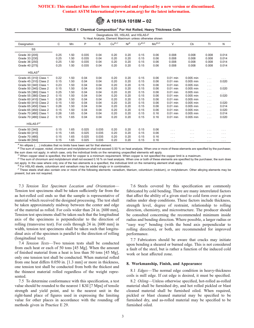 ASTM A1018/A1018M-02 - Standard Specification for Steel, Sheet and Strip, Heavy Thickness Coils, Hot Rolled, Carbon, Structural, High-Strength Low-Alloy, Columbium or Vanadium, and High-Strength Low-Alloy with Improved Formability