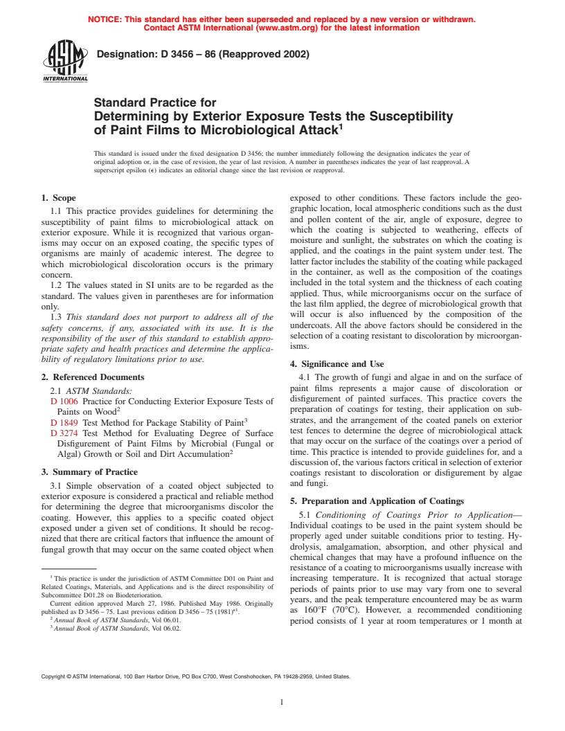 ASTM D3456-86(2002) - Standard Practice for Determining by Exterior Exposure Tests the Susceptibility of Paint Films to Microbiological Attack