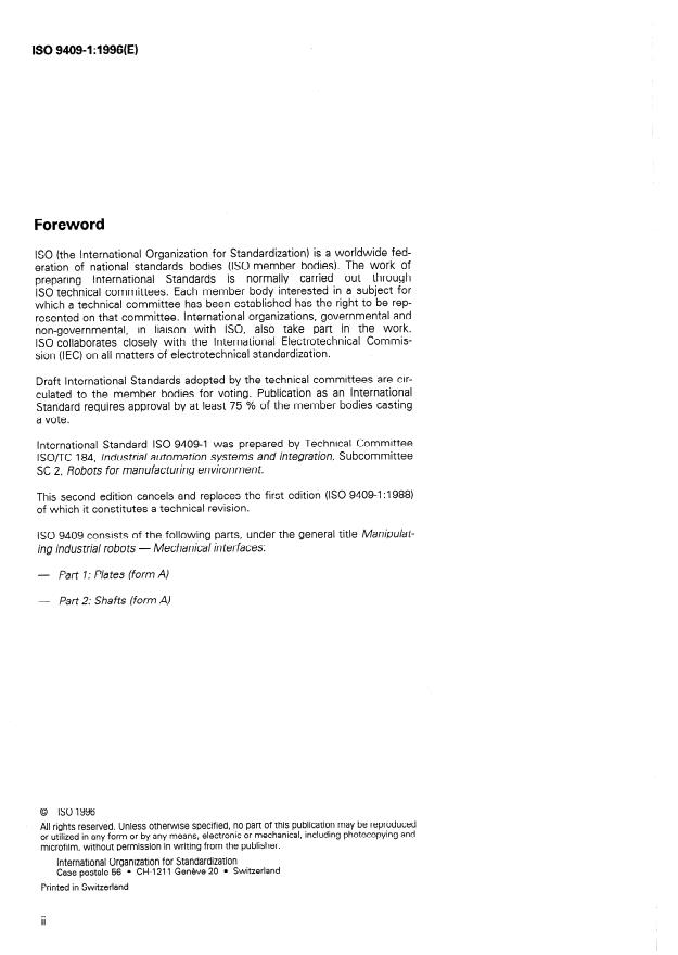 ISO 9409-1:1996 ISO 9409-1:1996 - Manipulating industrial robots -- Mechanical interfaces - Page 2 preview