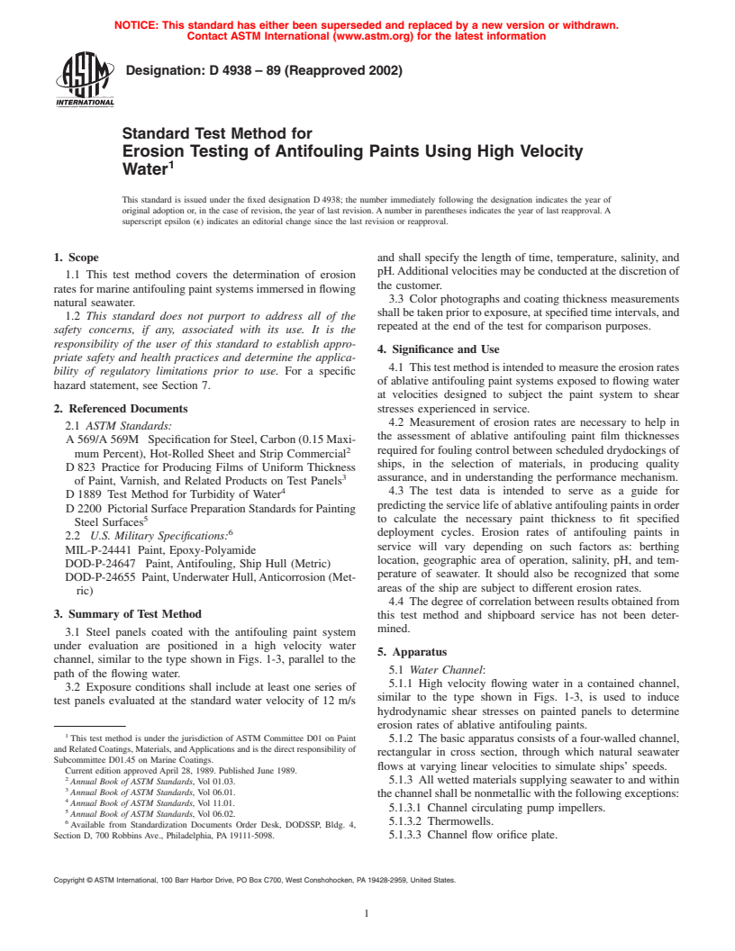 ASTM D4938-89(2002) - Standard Test Method for Erosion Testing of Antifouling Paints Using High Velocity Water