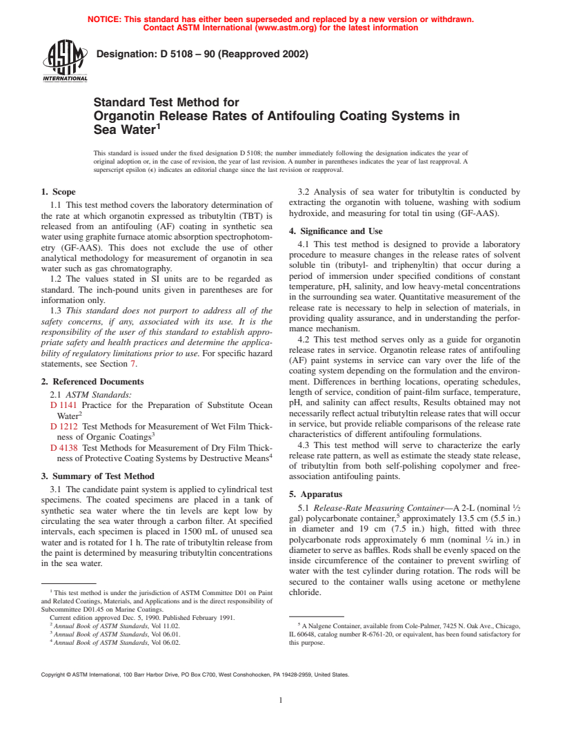 ASTM D5108-90(2002) - Standard Test Method for Organotin Release Rates of Antifouling Coating Systems in Sea Water