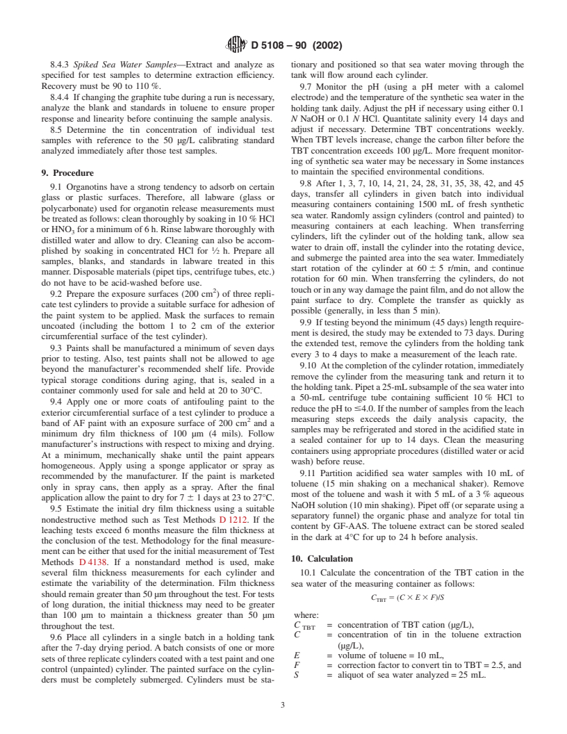 ASTM D5108-90(2002) - Standard Test Method for Organotin Release Rates of Antifouling Coating Systems in Sea Water