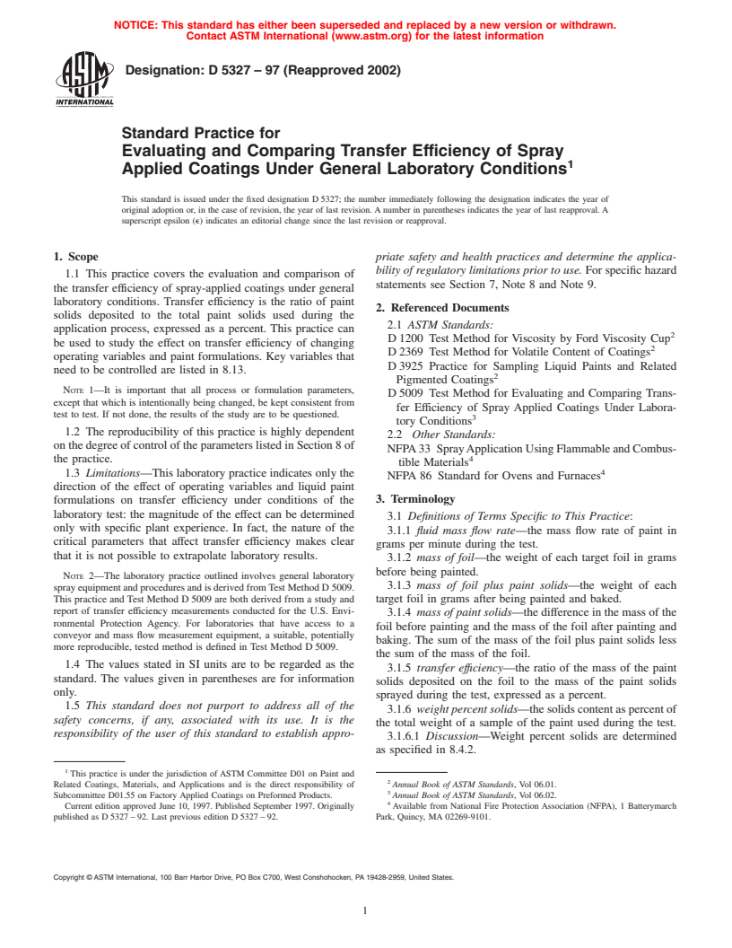 ASTM D5327-97(2002) - Standard Practice for Evaluating and Comparing Transfer Efficiency of Spray Applied Coatings Under General Laboratory Conditions