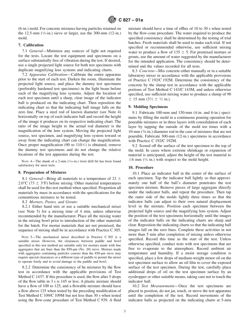 ASTM C827-01a - Standard Test Method for Change in Height at Early Ages of Cylindrical Specimens of Cementitious Mixtures