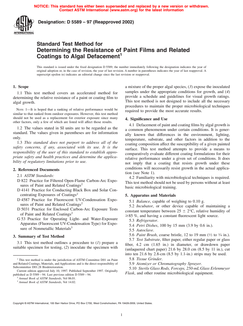 ASTM D5589-97(2002) - Standard Test Method for Determining the Resistance of Paint Films and Related Coatings to Algal Defacement