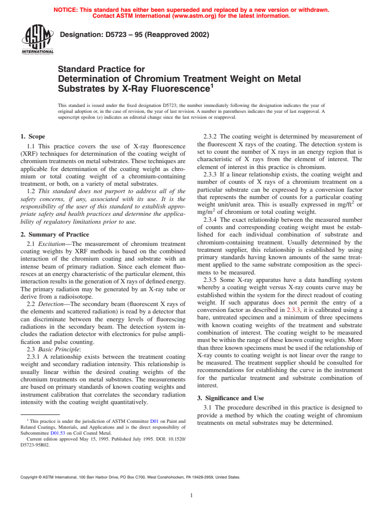 ASTM D5723-95(2002) - Standard Practice for Determination of Chromium Treatment Weight on Metal Substrates by X-Ray Fluorescence