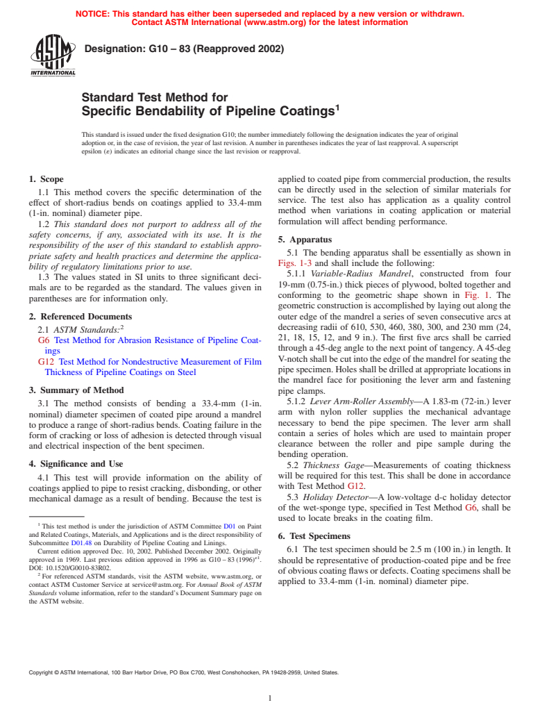 ASTM G10-83(2002) - Standard Test Method for Specific Bendability of Pipeline Coatings