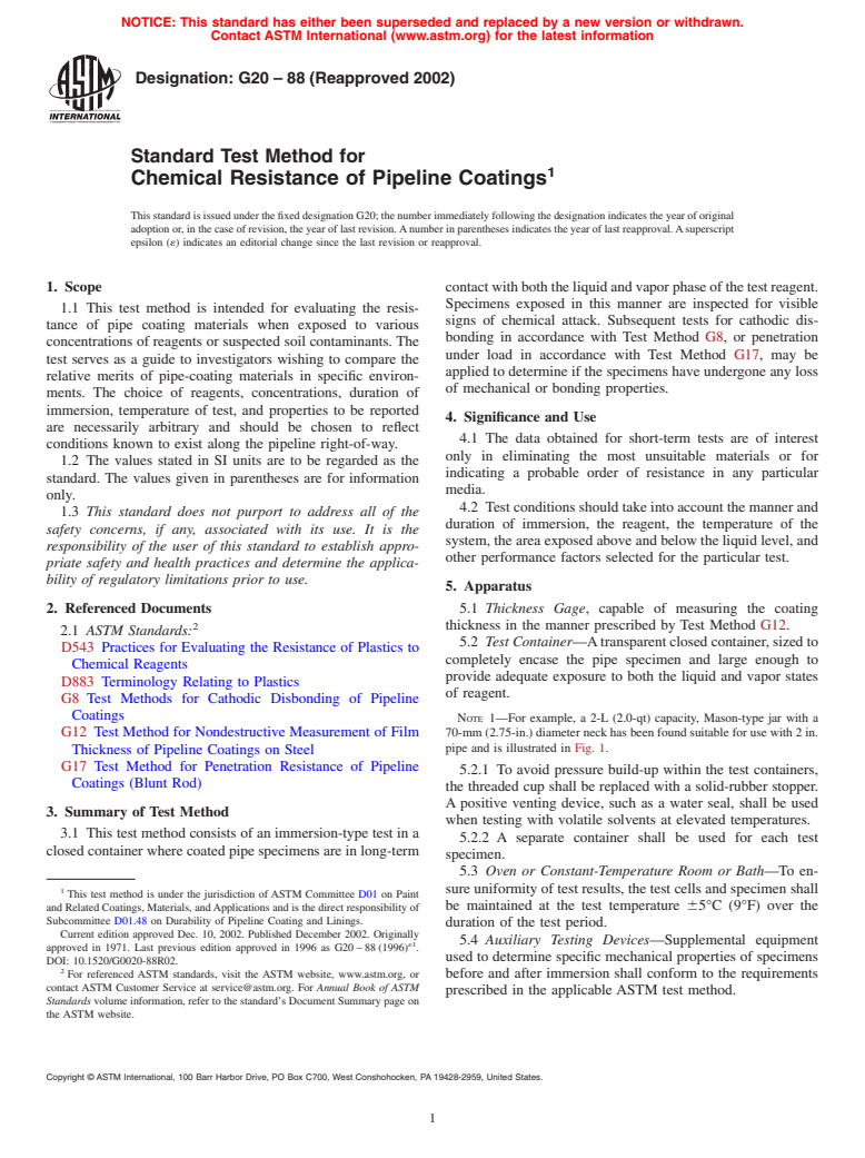 ASTM G20-88(2002) - Standard Test Method for Chemical Resistance of Pipeline Coatings