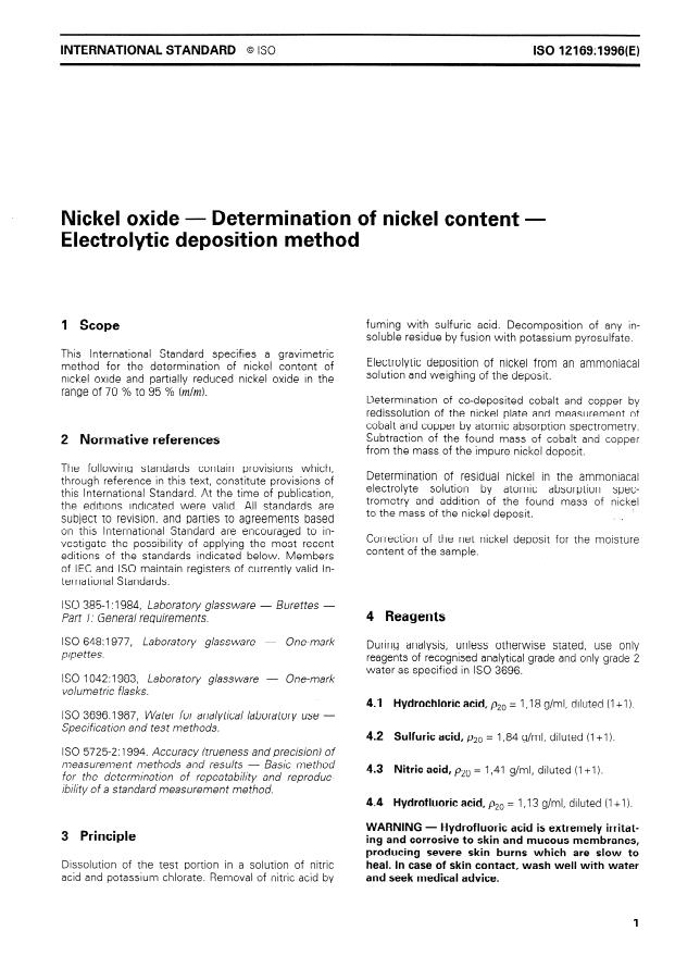 ISO 12169:1996 - Nickel oxide -- Determination of nickel content -- Electrolytic deposition method