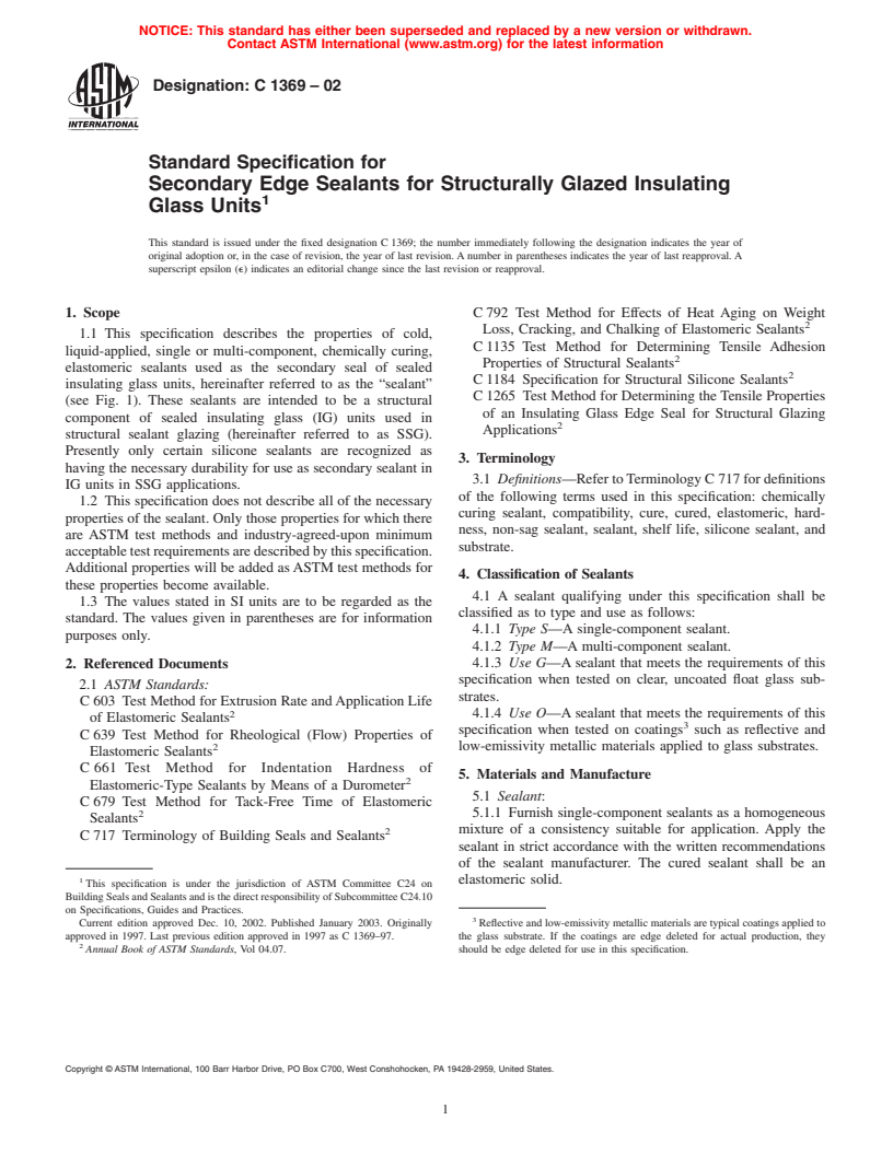 ASTM C1369-02 - Standard Specification for Secondary Edge Sealants for Structurally Glazed Insulating Glass Units