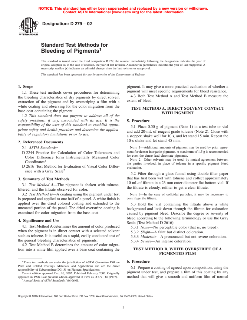 ASTM D279-02 - Standard Test Methods for Bleeding of Pigments