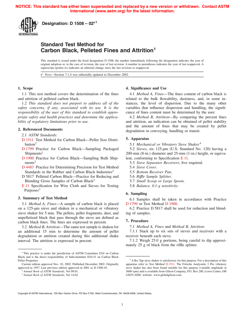 ASTM D1508-02e1 - Standard Test Method for Carbon Black, Pelleted Fines and Attrition