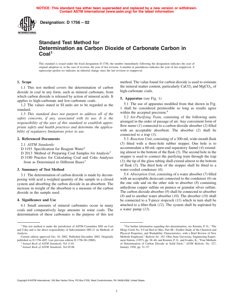 ASTM D1756-02 - Standard Test Method for Determination as Carbon Dioxide of Carbonate Carbon in Coal