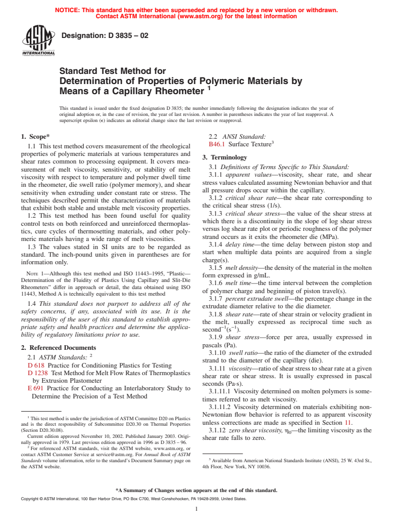 ASTM D3835-02 - Standard Test Method for Determination of Properties of Polymeric Materials by Means of a Capillary Rheometer