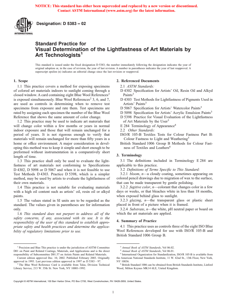 ASTM D5383-02 - Standard Practice for Visual Determination of the Lightfastness of Art Materials by Art Technologists