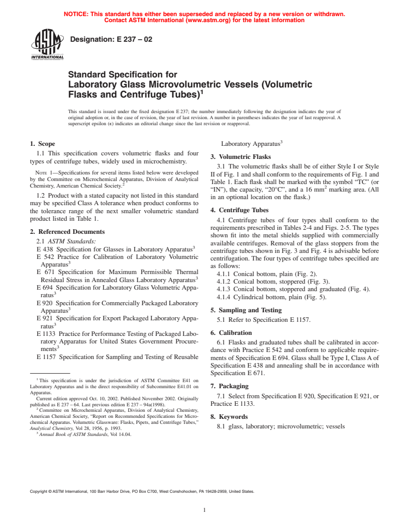 ASTM E237-02 - Standard Specification for Laboratory Glass Microvolumetric Vessels (Volumetric Flasks and Centrifuge Tubes)