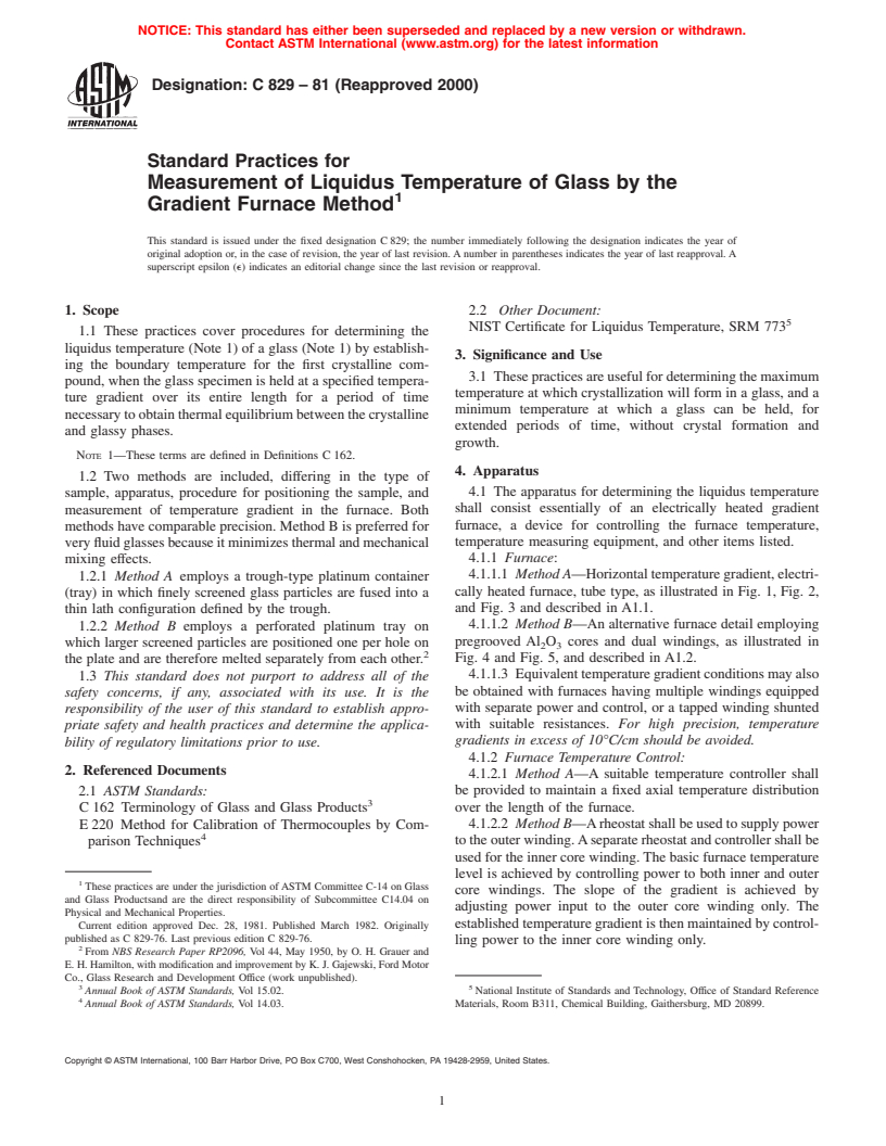 ASTM C829-81(2000) - Standard Practices for Measurement of Liquidus Temperature of Glass by the Gradient Furnace Method