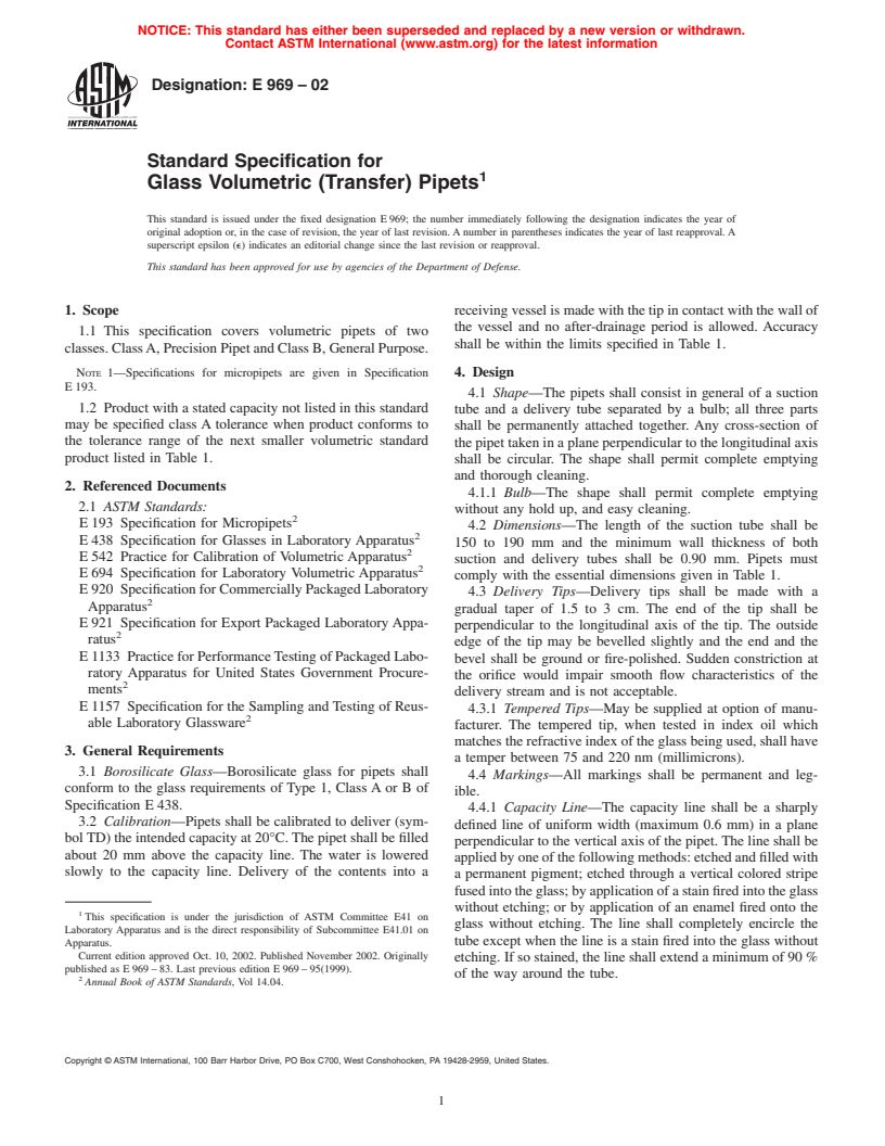 ASTM E969-02 - Standard Specification for Glass Volumetric (Transfer) Pipets