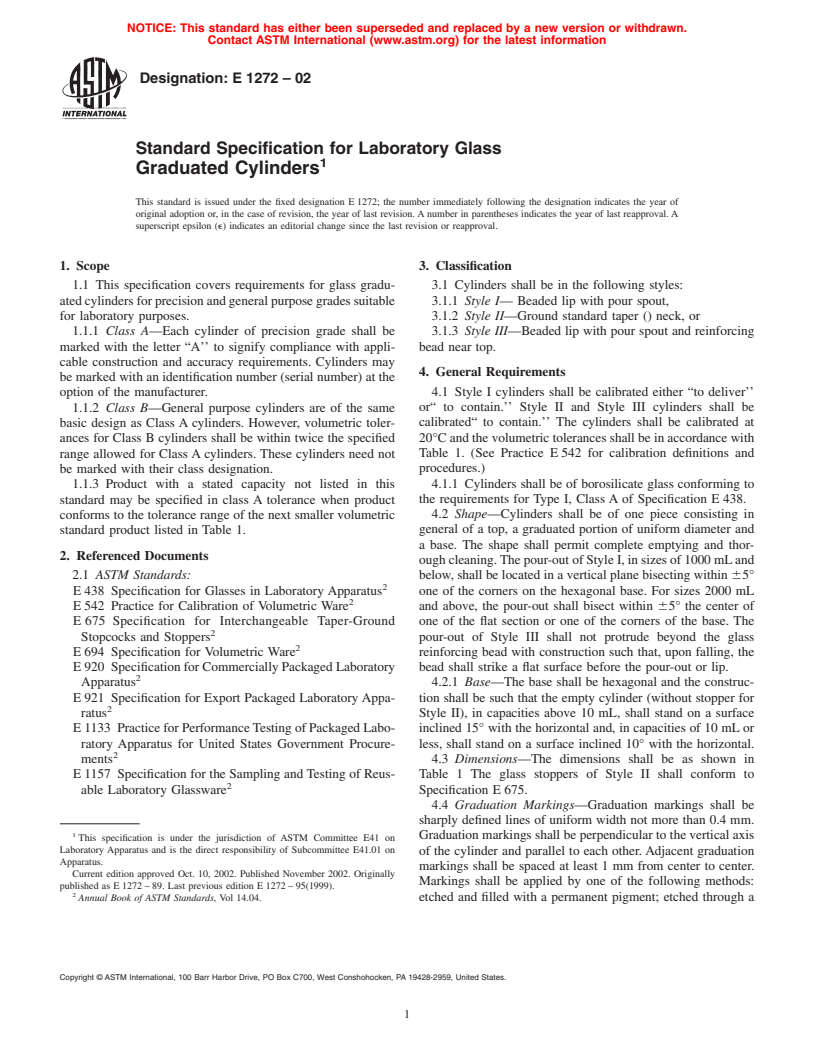 ASTM E1272-02 - Standard Specification for Laboratory Glass Graduated Cylinders