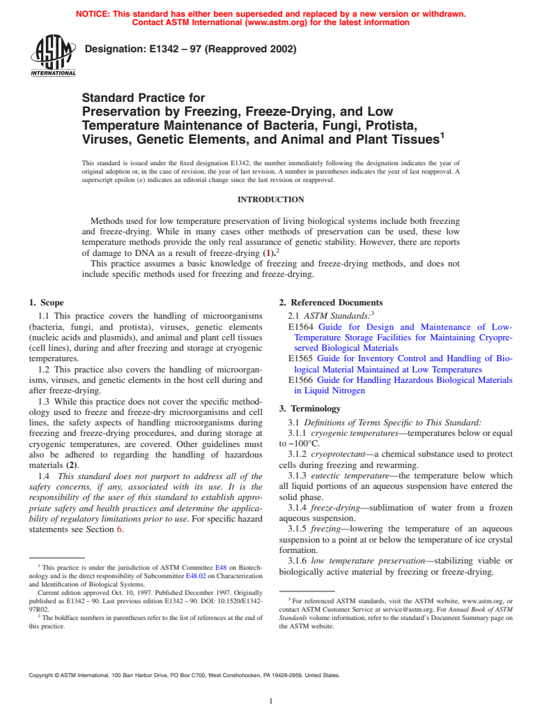 ASTM E1342-97(2002) - Standard Practice for Preservation by Freezing, Freeze-Drying, and Low Temperature Maintenance of Bacteria, Fungi, Protista, Viruses, Genetic Elements, and Animal and Plant Tissues (Withdrawn 2011)