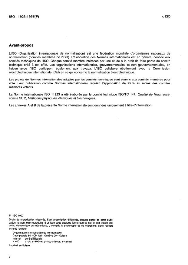 ISO 11923:1997 ISO 11923:1997 - Qualité de l'eau -- Dosage des matieres en suspension par filtration sur filtre en fibres de verre - Page 2 preview