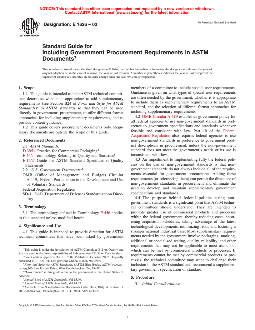 ASTM E1626-02 - Standard Guide for Including Government Procurement Requirements in ASTM Documents (Withdrawn 2007)