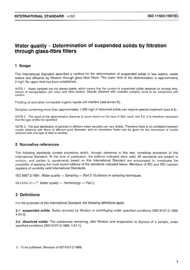 ISO 11923:1997 - Water quality -- Determination of suspended solids by filtration through glass-fibre filters