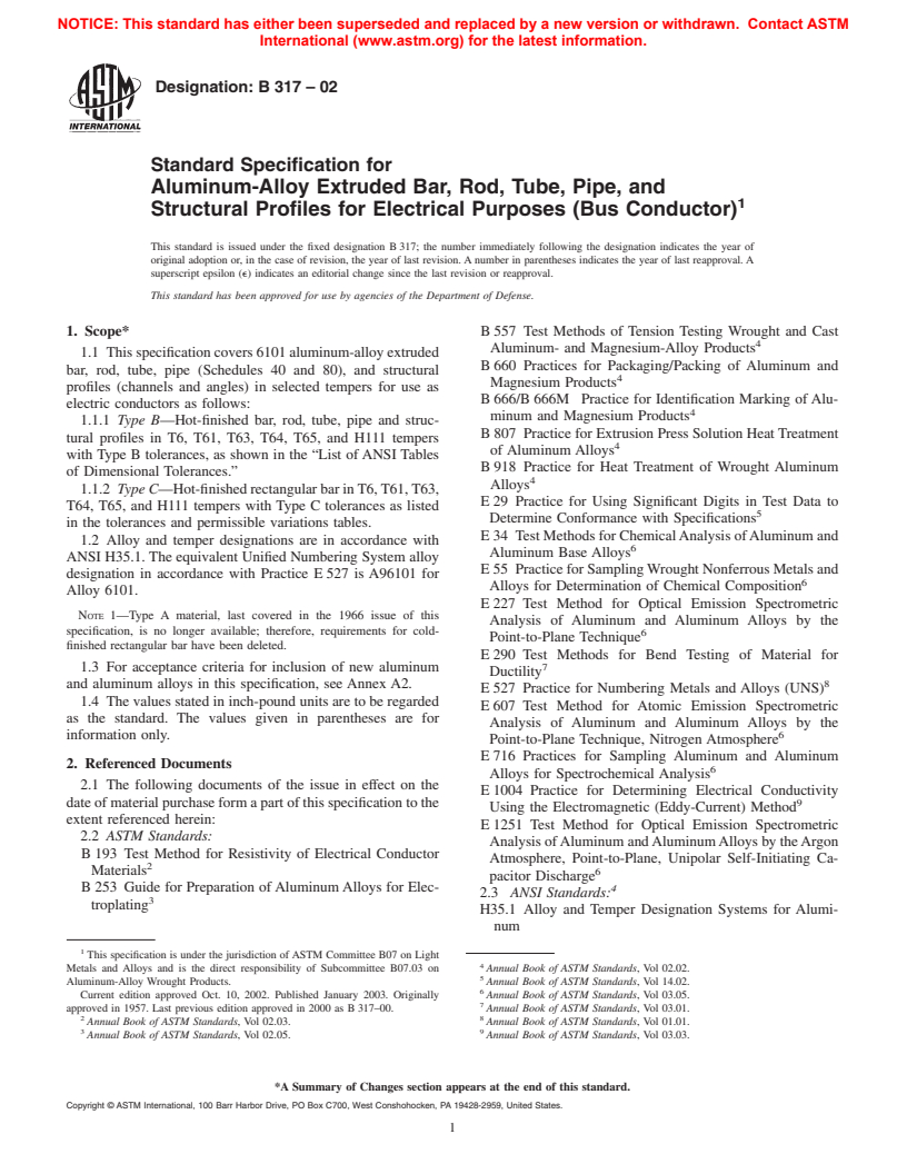 ASTM B317-02 - Standard Specification for Aluminum-Alloy Extruded Bar, Rod, Tube, Pipe, and Structural Profiles for Electrical Purposes (Bus Conductor)