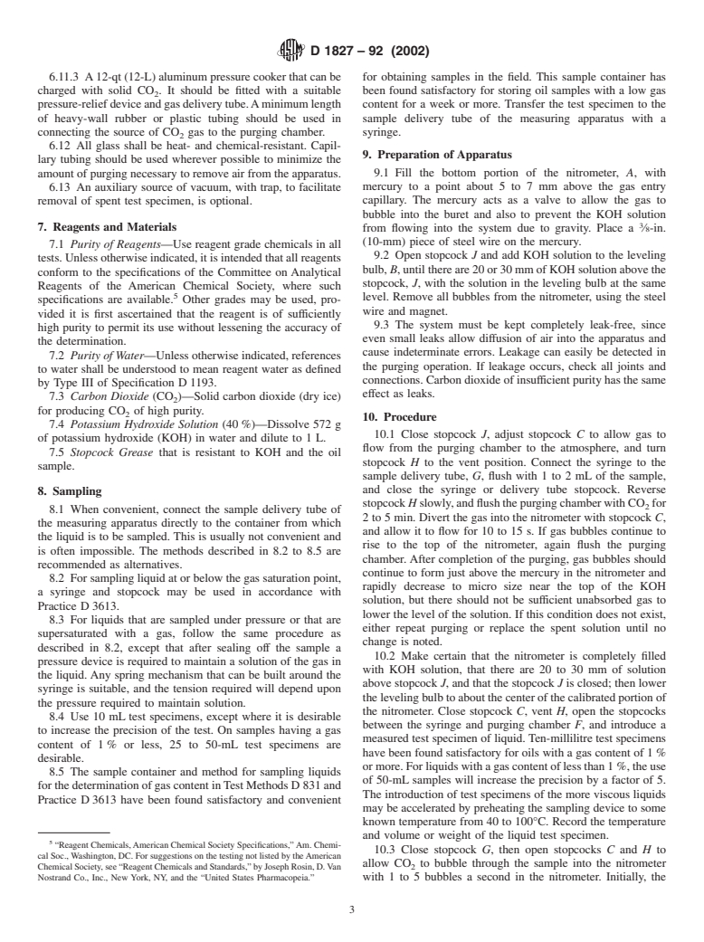 ASTM D1827-92(2002) - Standard Test Method for Gas Content (Nonacidic) of Insulating Liquids by Displacement with Carbon Dioxide