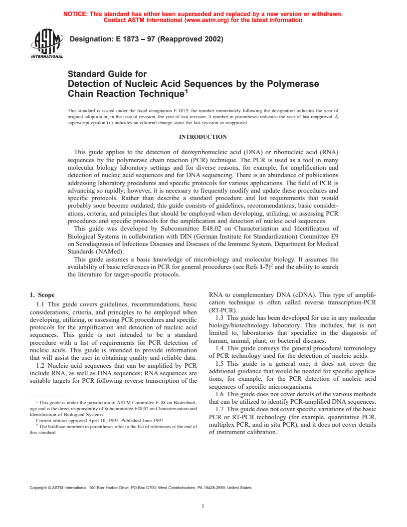 ASTM E1873-97(2002) - Standard Guide for Detection of Nucleic Acid Sequences by the Polymerase Chain Reaction Technique