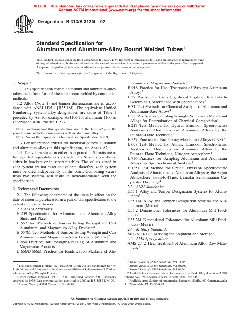 ASTM B313/B313M-02 - Standard Specification for Aluminum and Aluminum-Alloy Round Welded Tubes