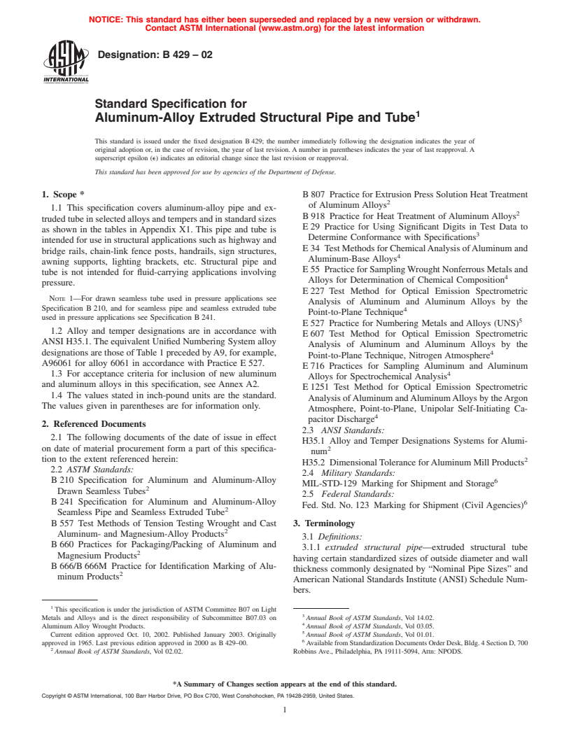 ASTM B429-02 - Standard Specification for Aluminum-Alloy Extruded Structural Pipe and Tube