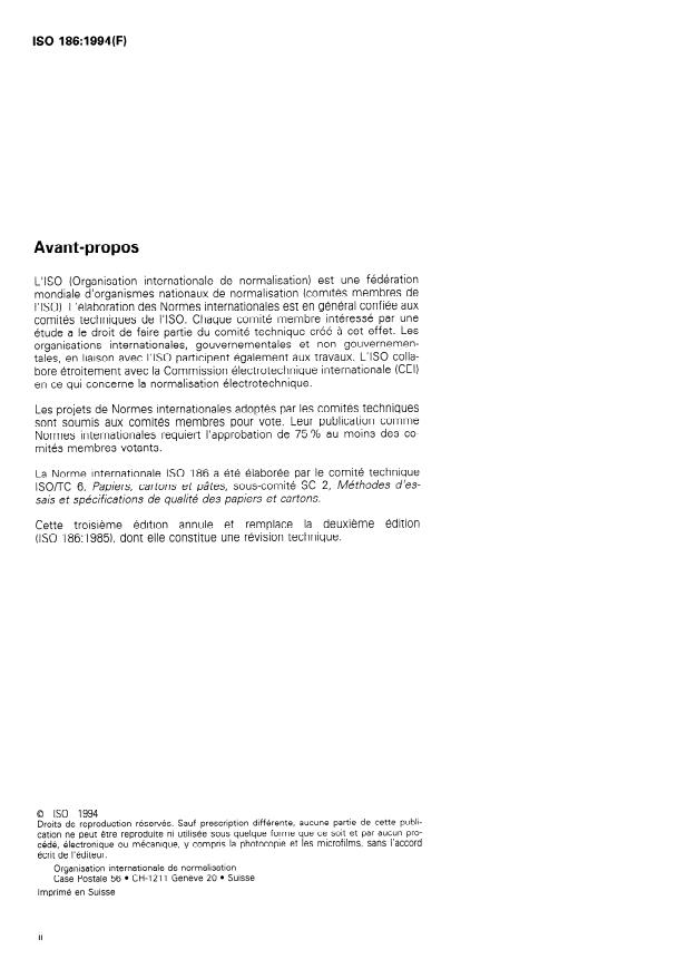ISO 186:1994 ISO 186:1994 - Papier et carton -- Échantillonnage pour déterminer la qualité moyenne - Page 2 preview