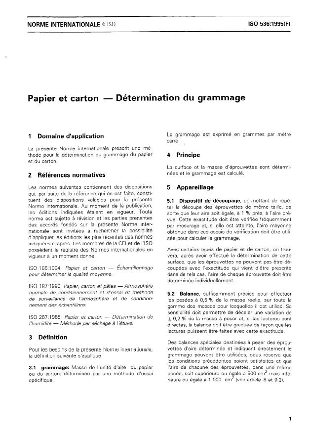 ISO 536:1995 - Papier et carton -- Détermination du grammage