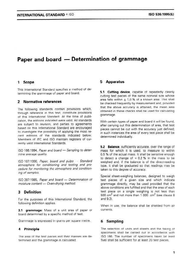 ISO 536:1995 - Paper and board -- Determination of grammage