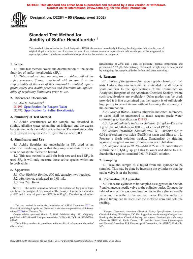 ASTM D2284-95(2002) - Standard Test Method for Acidity of Sulfur Hexafluoride (Withdrawn 2011)