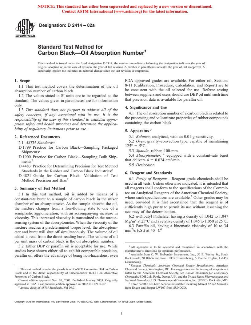 ASTM D2414-02a - Standard Test Method for Carbon Black&#8212;Oil Absorption Number