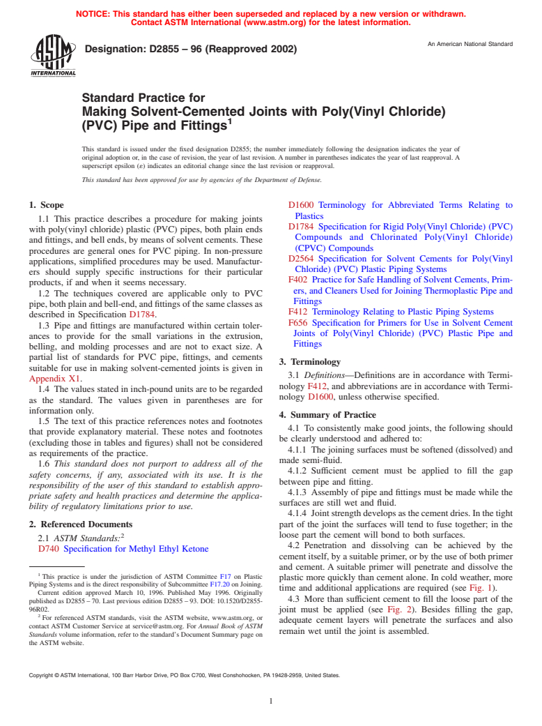 ASTM D2855-96(2002) - Standard Practice for Making Solvent-Cemented Joints with Poly(Vinyl Chloride) (PVC) Pipe and Fittings