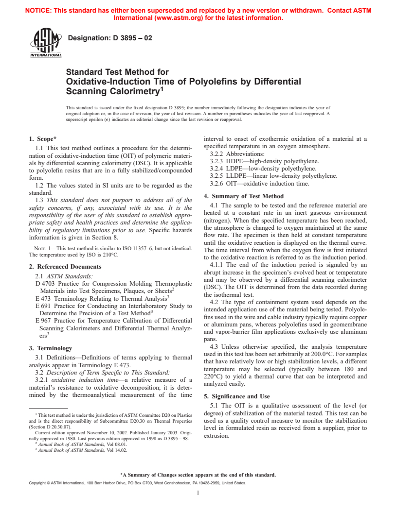 ASTM D3895-02 - Standard Test Method for Oxidative-Induction Time of Polyolefins by Differential Scanning Calorimetry