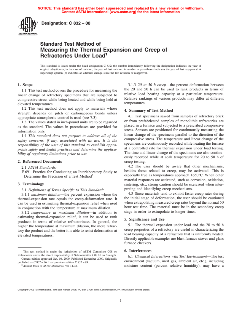 ASTM C832-00 - Standard Test Method of Measuring the Thermal Expansion and Creep of Refractories Under Load