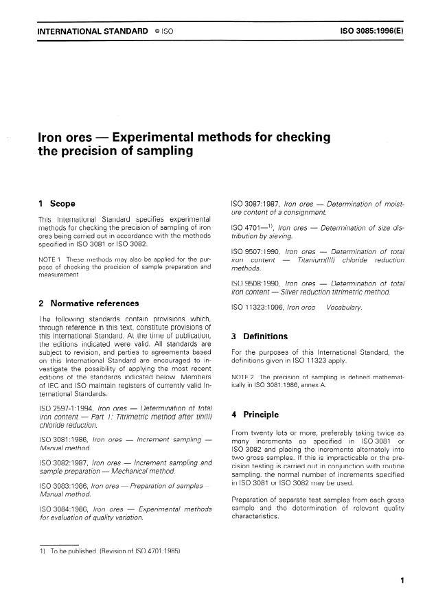ISO 3085:1996 - Iron ores -- Experimental methods for checking the precision of sampling