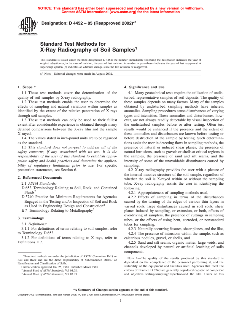 ASTM D4452-85(2002)e1 - Standard Test Methods for X-Ray Radiography of Soil Samples