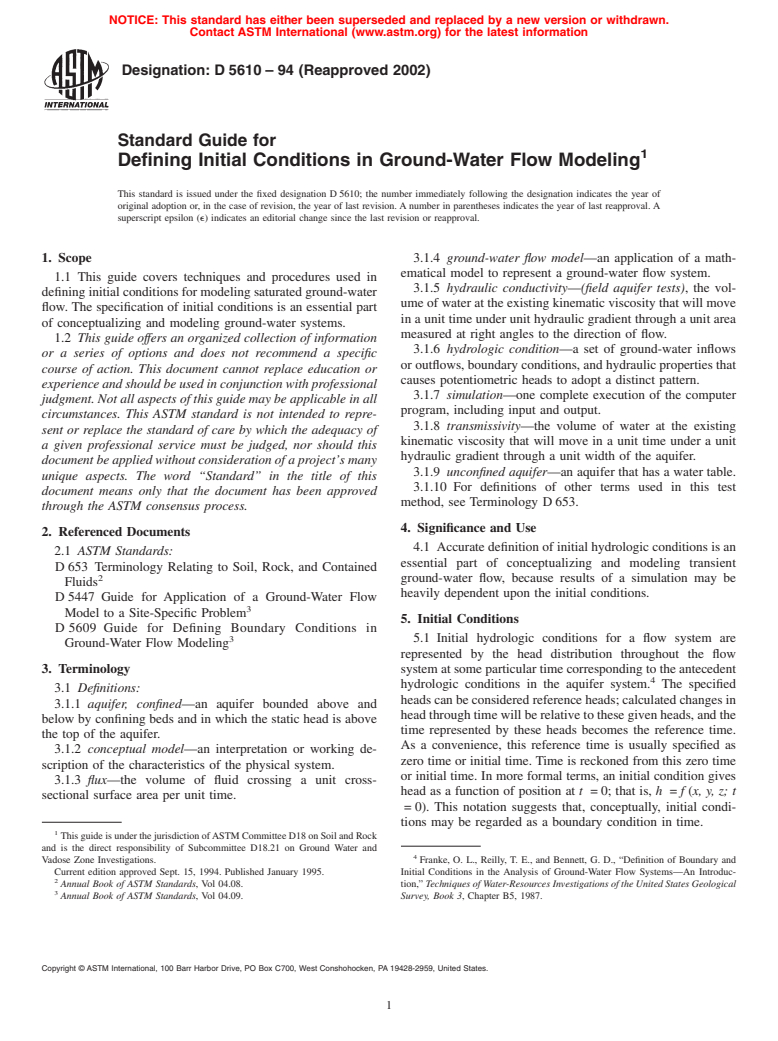 ASTM D5610-94(2002) - Standard Guide for Defining Initial Conditions in Ground-Water Flow Modeling