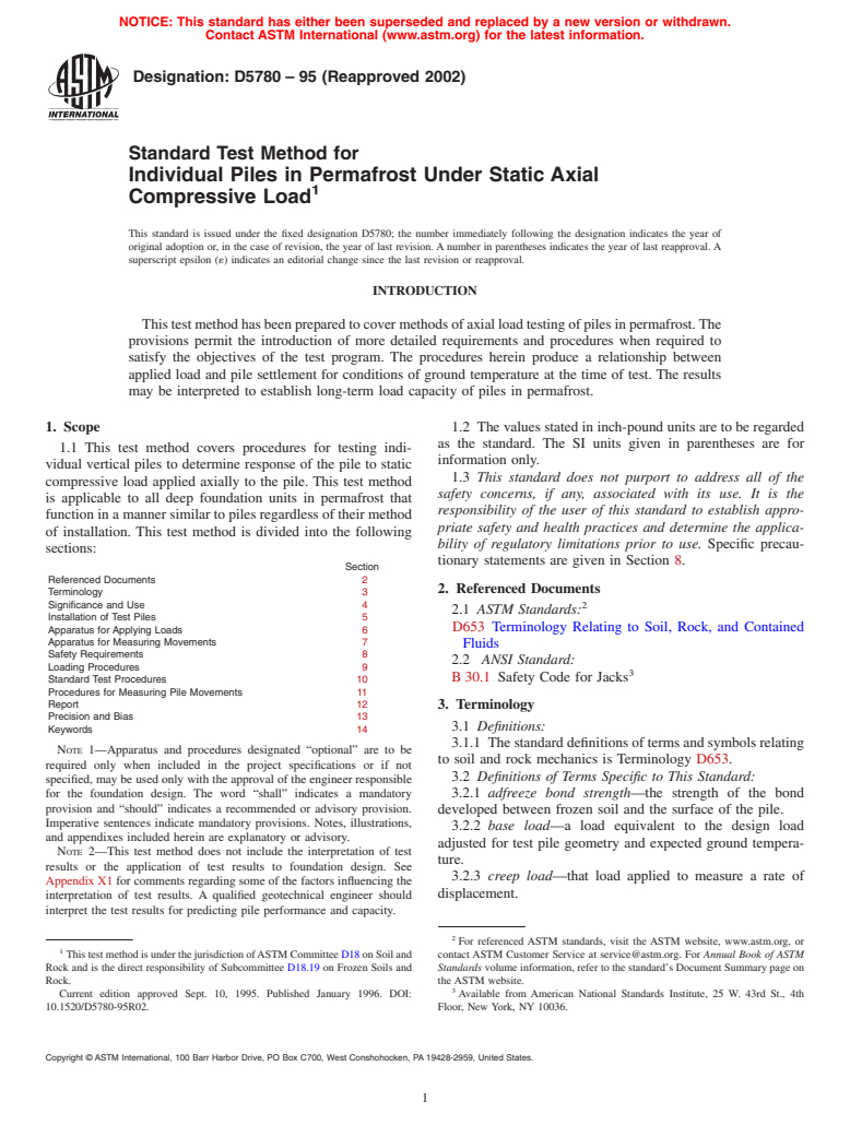 ASTM D5780-95(2002) - Standard Test Method for Individual Piles in Permafrost Under Static Axial Compressive Load