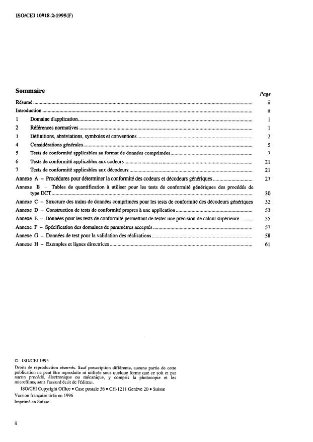 ISO/IEC 10918-2:1995 ISO/IEC 10918-2:1995 - Technologies de l'information -- Compression et codage numériques des images fixes a modelé continu: Tests de conformité - Page 2 preview