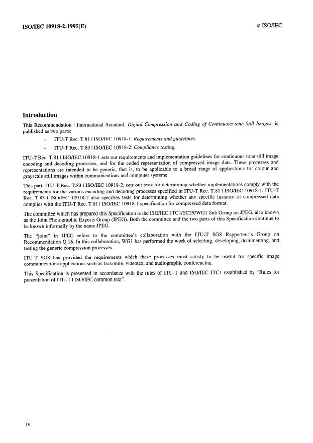 ISO/IEC 10918-2:1995 ISO/IEC 10918-2:1995 - Information technology -- Digital compression and coding of continuous-tone still images: Compliance testing - Page 4 preview